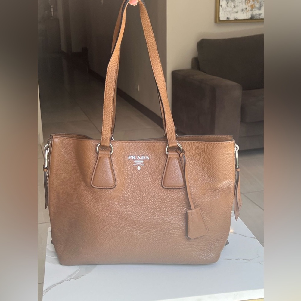 Prada Tan Leather Tote with Silver Hardware